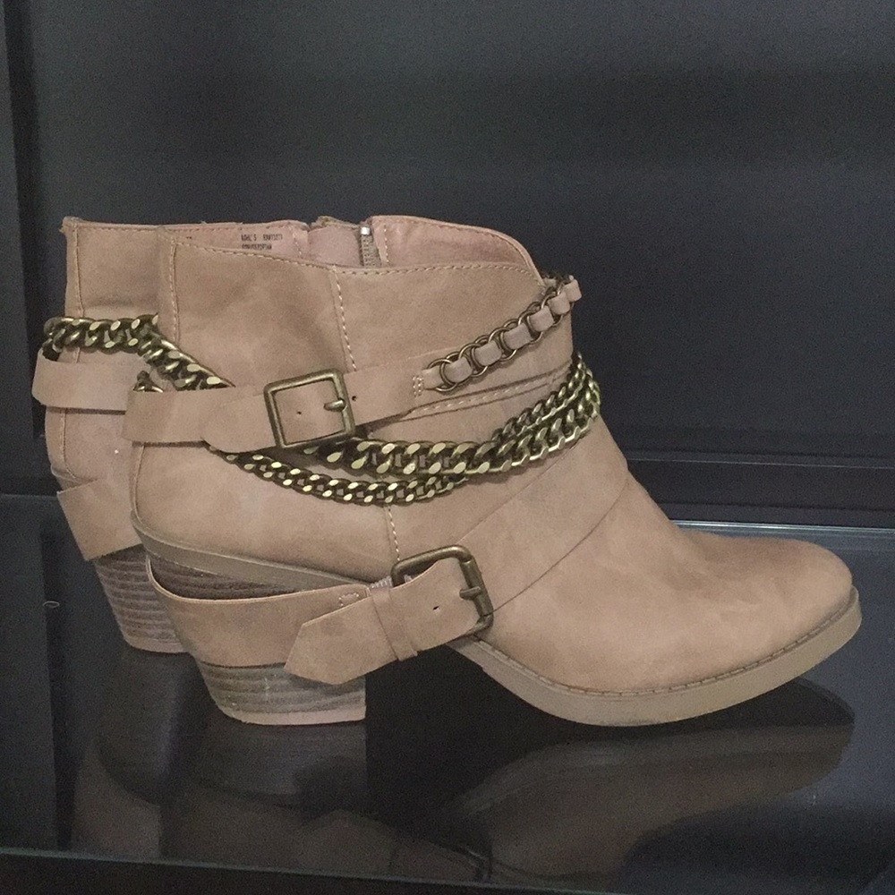 Tan Booties with gold chain accents